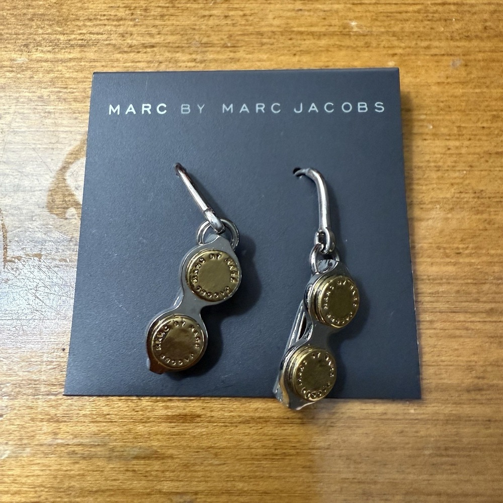 Marc By Marc Jacobs Two Tone Stud Earrings Gold Silver Mixed Metal Round Logo‎
